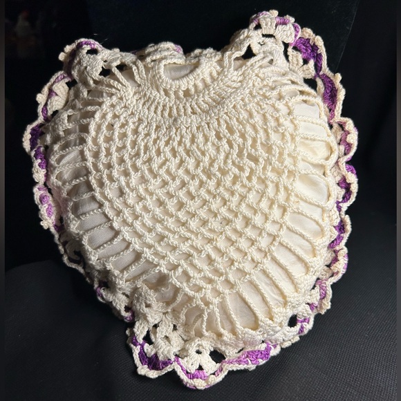 VTG Pretty Crocheted Purple and White Covering on Satin Heart Pillow. - Picture 2 of 9